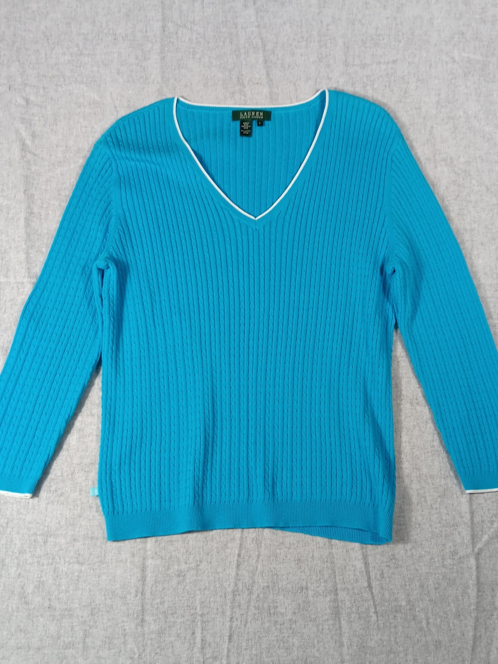 Lauren Ralph Lauren Turquoise V-Neck Ribbed Sweater 3/4 Sleeves Size L